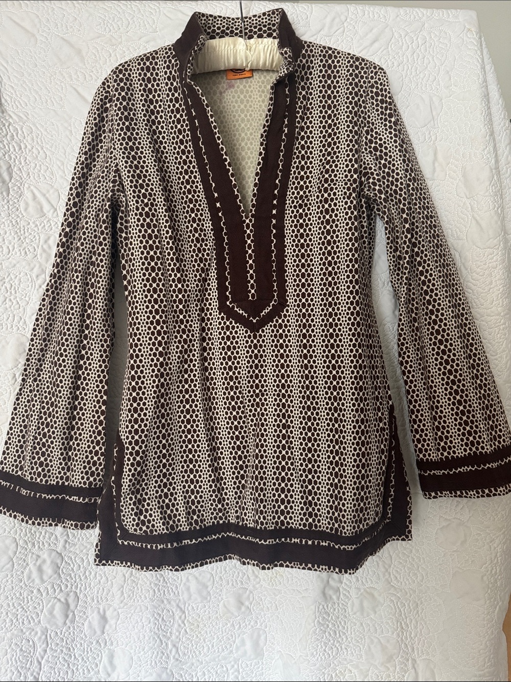 Tory Burch Brown and Cream woven cotton V-Neck Tunic size 6